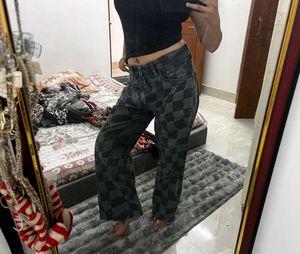 Checkerboard Print Wide Leg Jeans