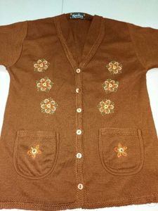 Brown Embroidered V-Neck Cardigan