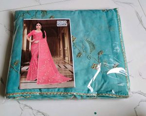 Beautiful Teal Saree with Gold Embroidery