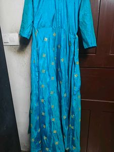 Turquoise - Teal Silk Embellished Gown | Size L |