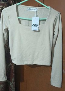 Zara Cream Square Neck Long Sleeve Top