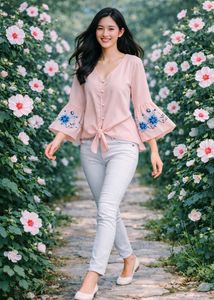 Korean Floral Embroidery Bell Sleeve Pink Crop Top