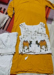 Yellow Kurta Set with Camel Print Jacket