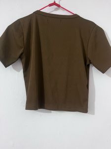 Zara Brown Ribbed Square Neck Tee