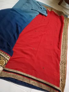Red &amp; Blue Saree with Golden Border