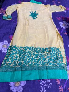 Beautiful Yellow Kurta with Teal Embroidery