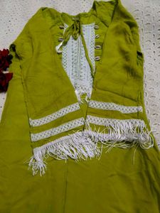 Lime Green Kurta Set with Lace Details