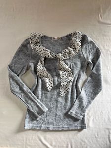 Gray Knit Sweater with Ruffle Collar