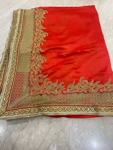 SALE! Gorgeous Red Golden Saree Satin