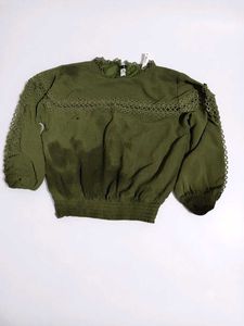 Chic Olive Green Lace Trim Top
