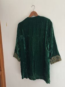 Emerald Green Velvet Kurta with Gold Embroidery