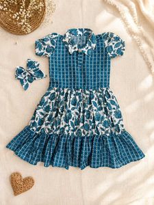 Blue Floral Print Baby Dress with Hair Bow