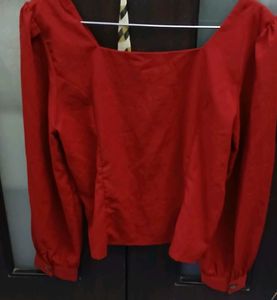 Red Square Neck Button-Up Top