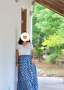 white crop top &amp; blue Maxi Skirt