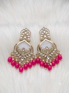 Elegant Gold & White Dangle Earrings with Pink Bea