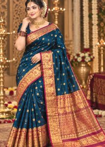 Elegant Teal Silk Saree with Gold Border