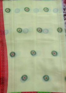 Cream &amp; Red Floral Print Saree