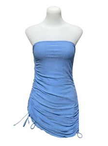 Blue Ruched Strapless Sparkle Mini Dress
