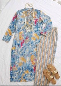 New Blue Floral Print Kurta with Palazzo Set
