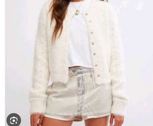 Cream Fuzzy Cardigan with Rhinestone Buttonons