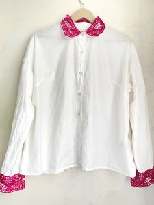 White Button-Up Shirt with Crochet Collar