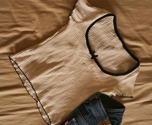 Ribbed Crop Top with Black Trim