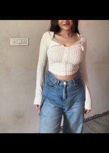 White Long Sleeve Ribbed korean Top with Lace Neck