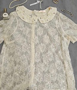 White Lace Top with Pearl Embellished Collar