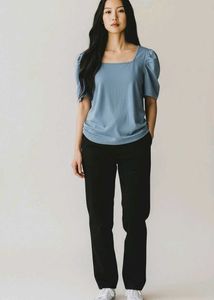 Blue Puff Sleeve Square Neck Top