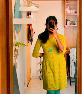Lime Green Printed Cotton Kurti with Tassel Detail