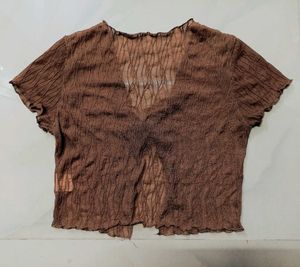 Brown Textured Tie-Front Crop Top