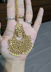 Golden Chandbali Earrings with Maang Tikka Set | P