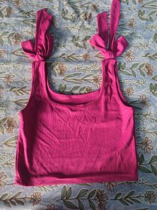 Hot Pink Ribbed Crop Top with Tie Sleeves