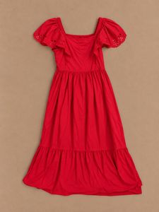 Red Square Neck Puff Sleeve Dress