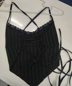 pintrestee Pinstripe Lace Trim Corset Top🌷