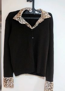 Chick Brown Cardigan with Leopard Print Collar