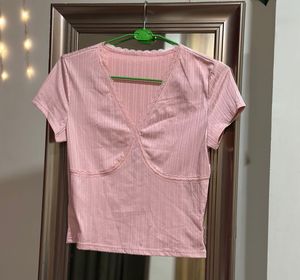Pink Ribbed Lace Trim Top