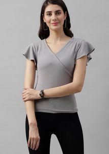 Grey Wrap Top w/ Ruffle Sleeves