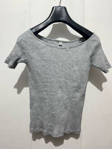 Grey Ribbed Off-Shoulder Top