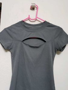 Fitted waist-snatching Grey Cut-out Ribbed Top
