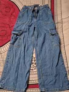 Blue Denim Wide-Leg Cargo Jeans