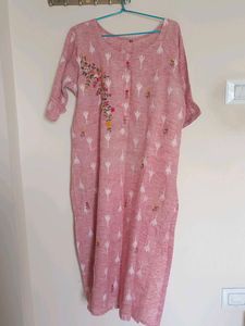 Pink Embroidered Cotton Kurta