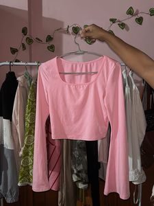 Pink Square Neck Bell Sleeve Crop Top