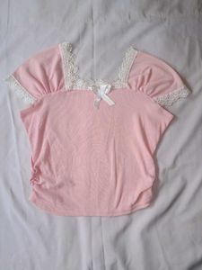 Pink Lace Trimmed Square Neck Top