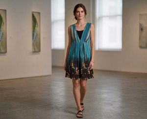 Stunning Blue & Gold Print V-Neck Dress
