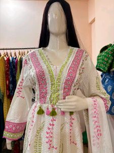 White Kurta Set with Pink & Green Print