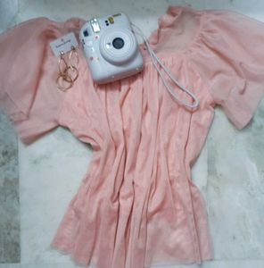 Peach Tulle Puff Sleeve Blouse
