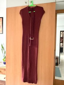 Wardrobe Maroon Striped Bodcon Dress with Belt