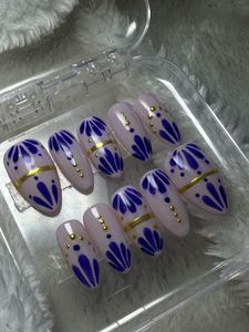Traditional Blue Floral Navratri Press-On Nails