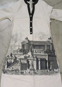 Elegant White Kurta with Architectural Print